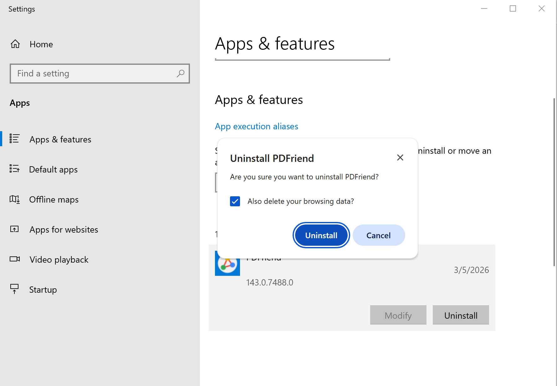 Choose to keep or delete browsing data and complete uninstallation